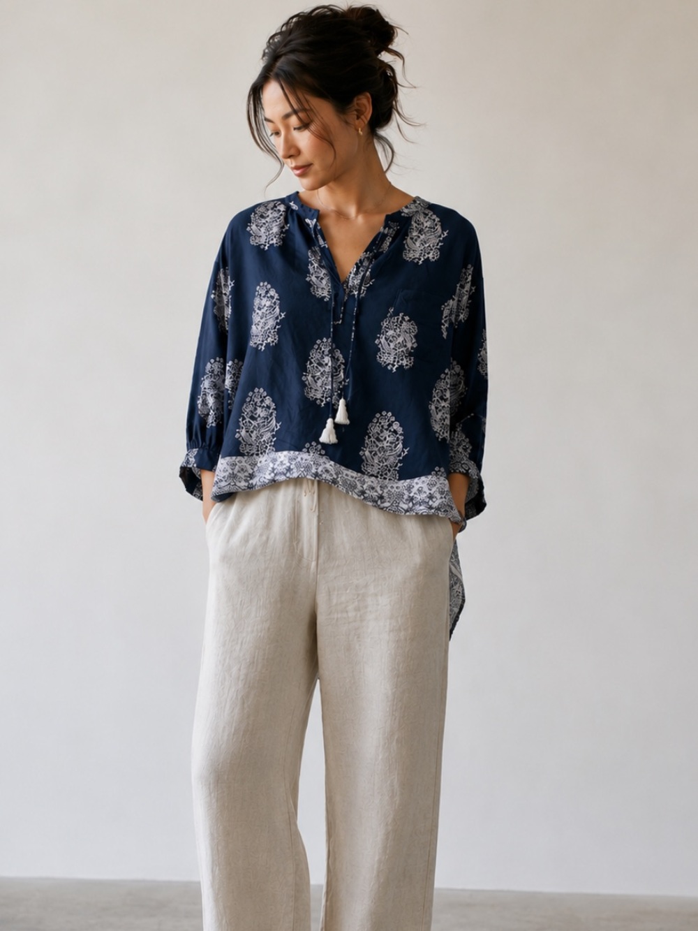 Faithfull The Brand Boho H/L Tunic Blouse Navy White Tassel Tie Relaxed US 2